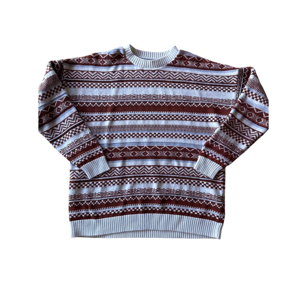 Y2K Hollister Mens M Brown Cream Fair Isle Nordic Crewneck Sweater Fits S